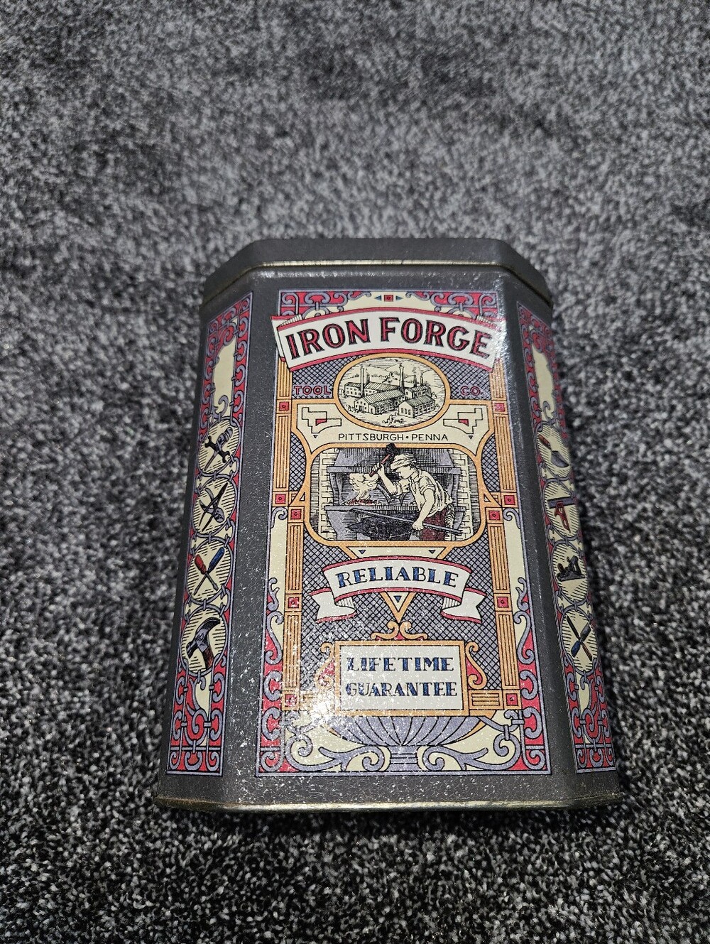 Iron Forge Decorative Tin Canister with Red & Cream Graphic